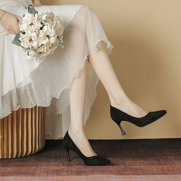 Student Etiquette High Heels Spring And Autumn Stiletto Pointed Comfortable Mid Heel Black Suede Professional Work_vogvips.com