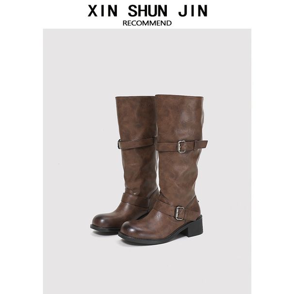 Women's Retro Distressed Mid Calf Boots Chunky Heel Belt Buckle Slouch Boots Style Niche Work Boots For Autumn New Style_vogvips.com
