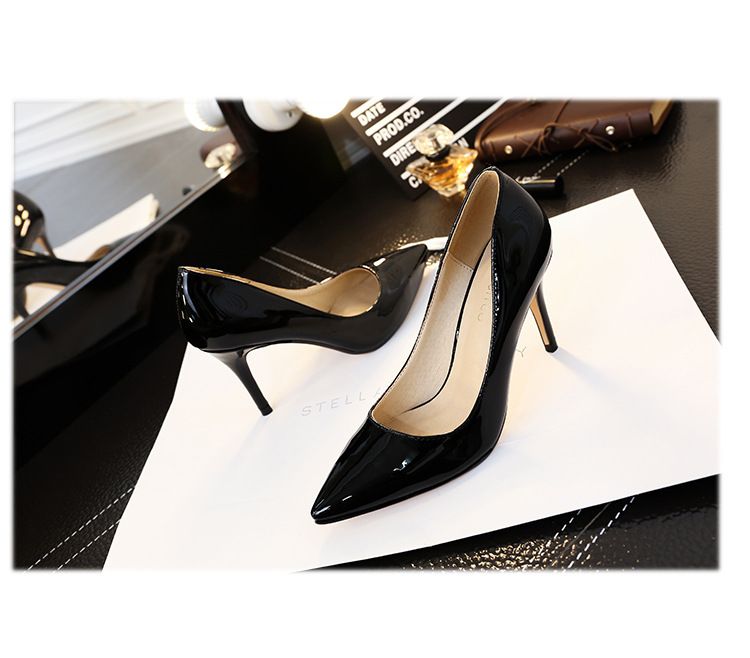 Nude Patent Leather Women's Low Cut High Heels Stiletto Mid Heel Sexy Black Pointed Toe Professional Work Shoes_vogvips.com