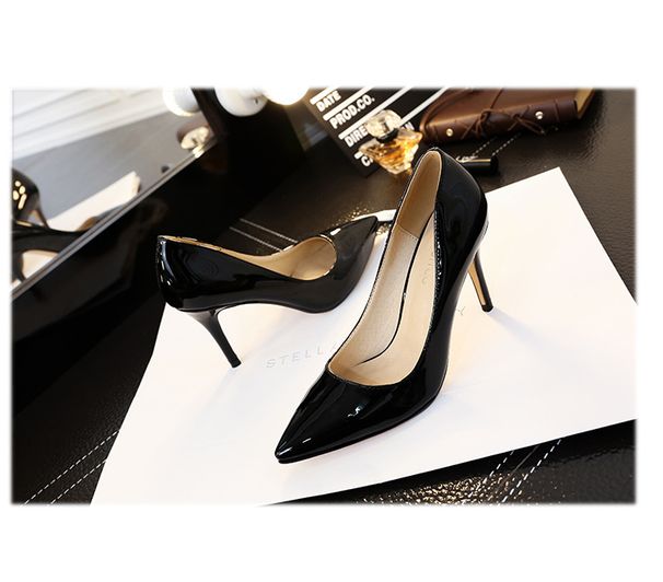 Nude Patent Leather Women's Low Cut High Heels Stiletto Mid Heel Sexy Black Pointed Toe Professional Work Shoes_vogvips.com