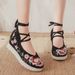 Large White With High Sloping Heels, Canvas Embroidered Women's Singles, Lace Up Ethnic Style Cloth Shoes_vogvips.com