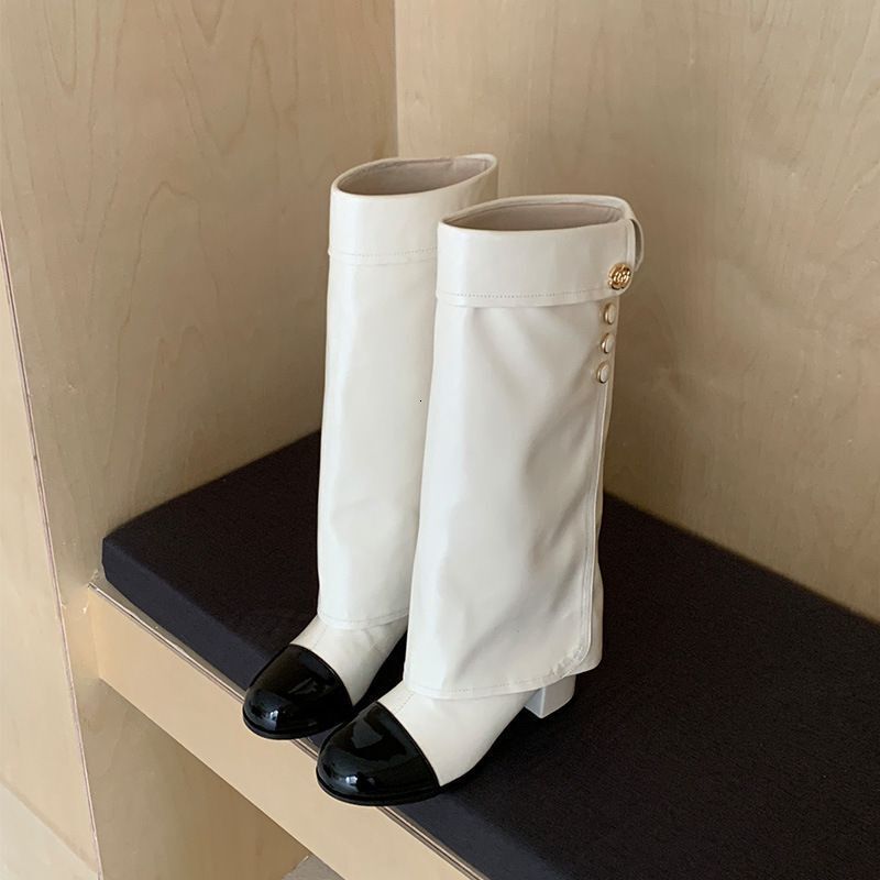 Women Two Tone Square Toe Knee High Side Button Decor Block Heel Tall Leather Fashion Slip On Casual Dress Riding Boots_vogvips.com