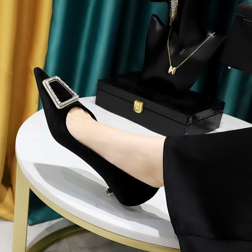 Women's Shoes Thin Heel Medium Heel Thickened Suede Shallow Mouth Pointed Metal Rhinestone Buckle Single Shoes_vogvips.com