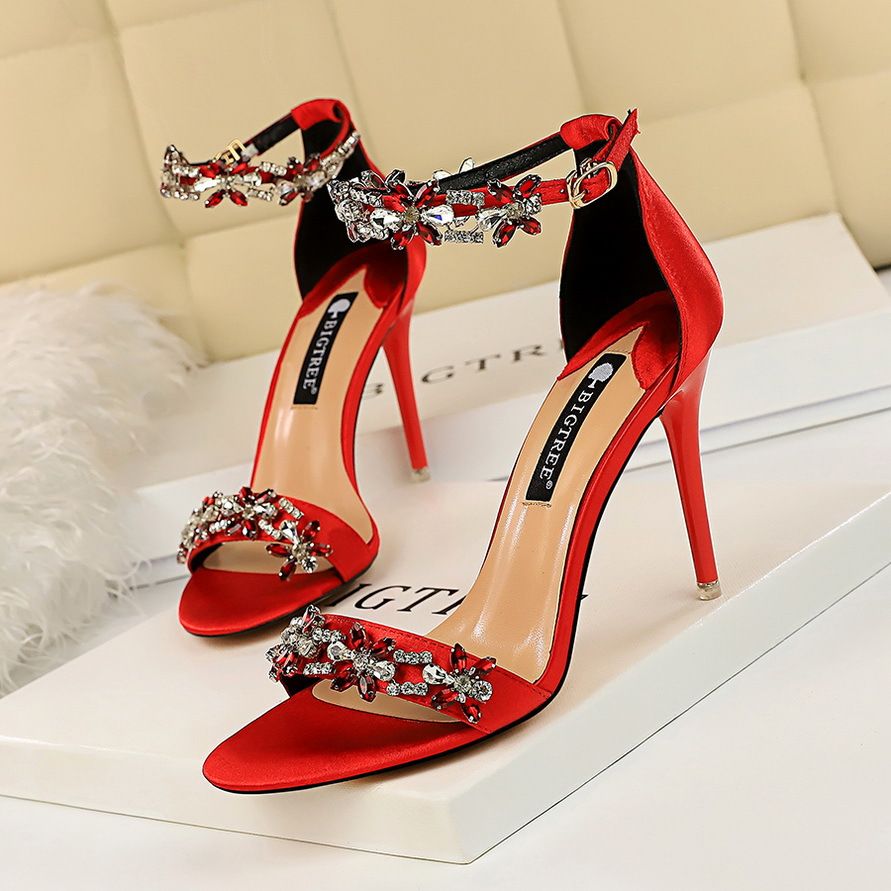 Style Xexy Banquet High-heeled Shoes Women's Shoes Stiletto High-heeled Satin Open-toed Rhinestone Strap Sandals_vogvips.com