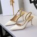 Women's Stiletto Heel Pumps Style High Heels For Women Featuring A Panamanian Pattern Pointed Toe Low Cut Design Studded Rivet Embellishment Single Buckle Strap And Openwork Stiletto Heel_vogvips.com