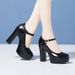 wangjia Wangjia Zhuonila High Soft Cowhide Waterproof Platform Genuine Leather Chunky Heel Work Round Toe Performance_vogvips.com
