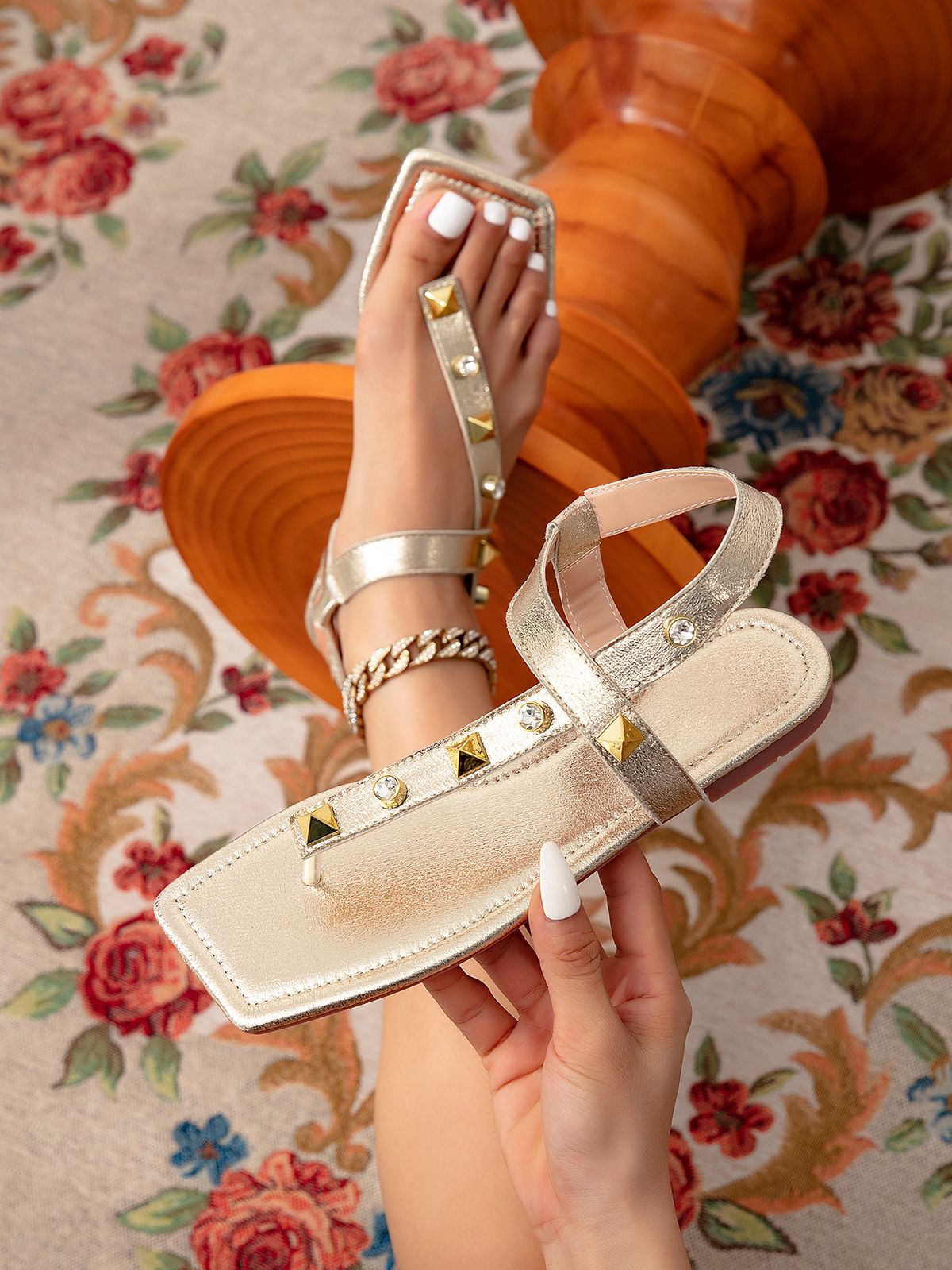 Women's Slippers, Simple Home Slip On, Fashionable And Comfortable, Champagne Color, Lace Up Decoration, Square Toe Flat Slippers For Women_vogvips.com