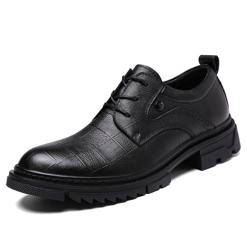 Embossed Grid Casual Men's Shoes Large Size Lace-up First Layer Thick Sole Heightening Men's Leather Shoes_vogvips.com