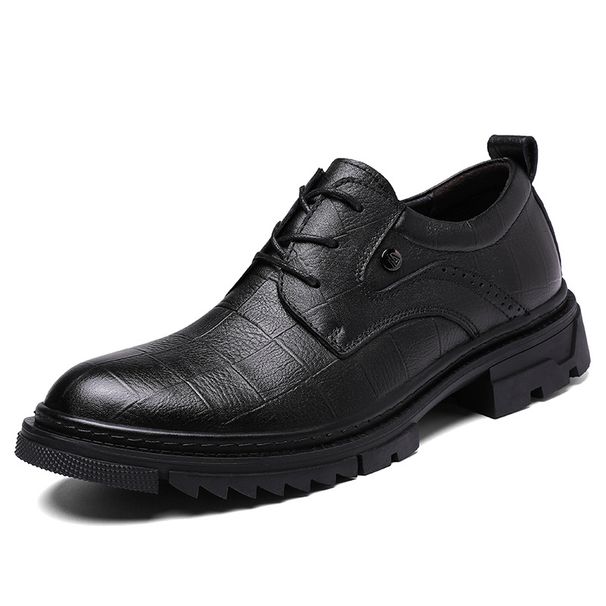 Embossed Grid Casual Men's Shoes Large Size Lace-up First Layer Thick Sole Heightening Men's Leather Shoes_vogvips.com