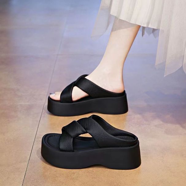 Summer French-style Black Slippers Women, 2025 New Fashion, Suitable For Pairing With Skirts, Beach Shoes, Thick-soled_vogvips.com