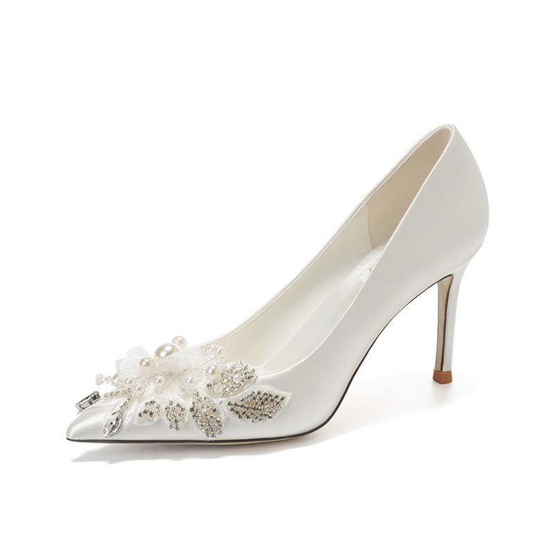 Women's Sexy Stiletto Heels White Satin Floral Design Pointed Toe Wedding Shoes Plus Size_vogvips.com