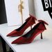 9527-10 European And American Style Banquet Stiletto Satin Versatile Bow Pointed Toe Shallow Single Shoes Elegant High_vogvips.com
