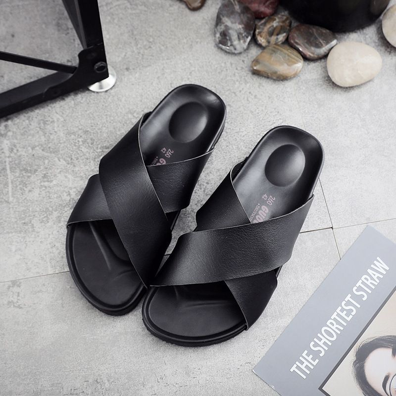 Men's Summer Slip-On Sandals - Breathable Anti-Slip Outdoor Beach Shoes For Casual Wear (Black, PU Material)_vogvips.com