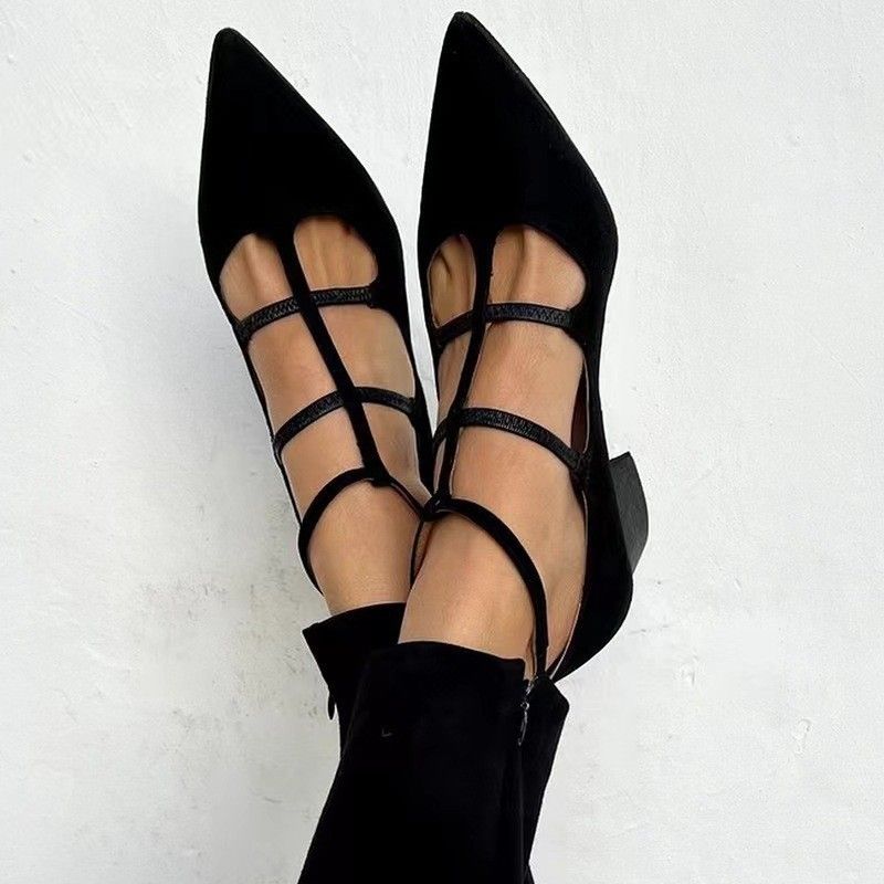 Elegant Pointed Toe Mary Jane Shoes For Women Slip On Flats With Adjustable Strap Soft Suede Upper Sizes_vogvips.com