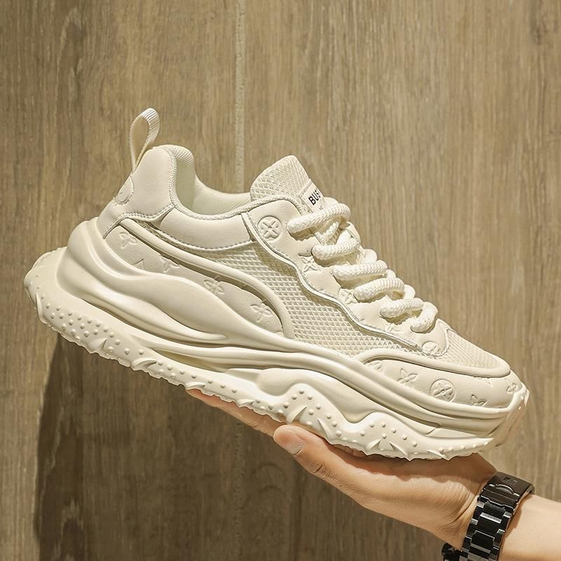 Men's Embossed Mesh Chunky Platform Sneakers Breathable Lace Up Non Slip Fashion Street Walking Casual Trainers_vogvips.com