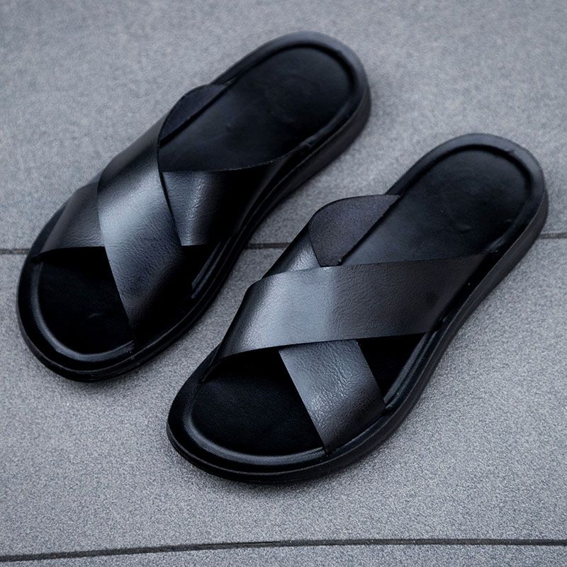 New Arrivals Italian Leather Slippers For Men Summer Hotel Beach High Quality Slip On Light Flats Male Flip Flops Big_vogvips.com