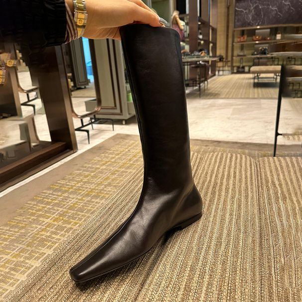 Korean Niche Simple Row Style Flat Mid-Calf Slim For Women 2024 Long Square Toe Over-the-Knee High Boots_vogvips.com