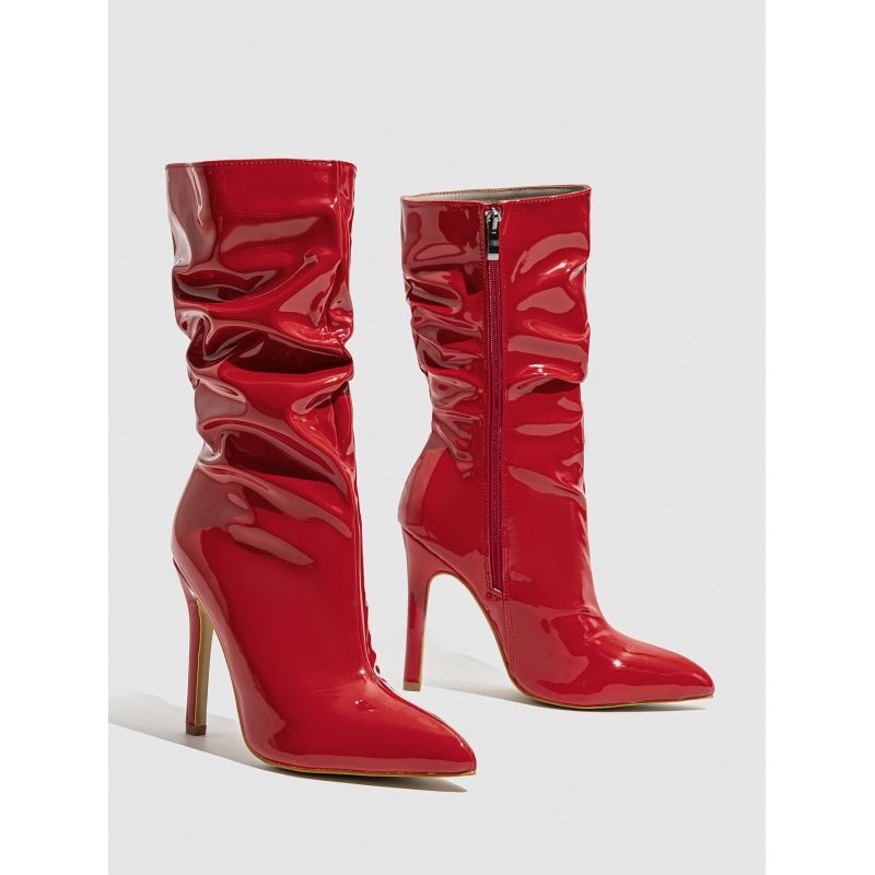 Pointed Toe Stacked Heel Knee High Boots For Women - Shiny Patent Leather Riding Boots With Side Zipper, Fashionable Stiletto Heels_vogvips.com