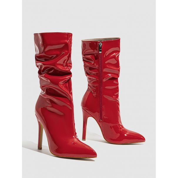 Pointed Toe Stacked Heel Knee High Boots For Women - Shiny Patent Leather Riding Boots With Side Zipper, Fashionable Stiletto Heels_vogvips.com