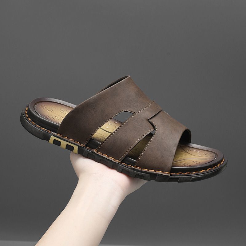 Large Size Fashinew Nnew-Slip Wear-Resistant Casual Newe-Word Slippers Leather Sandals Men's Outdoor Wear_vogvips.com