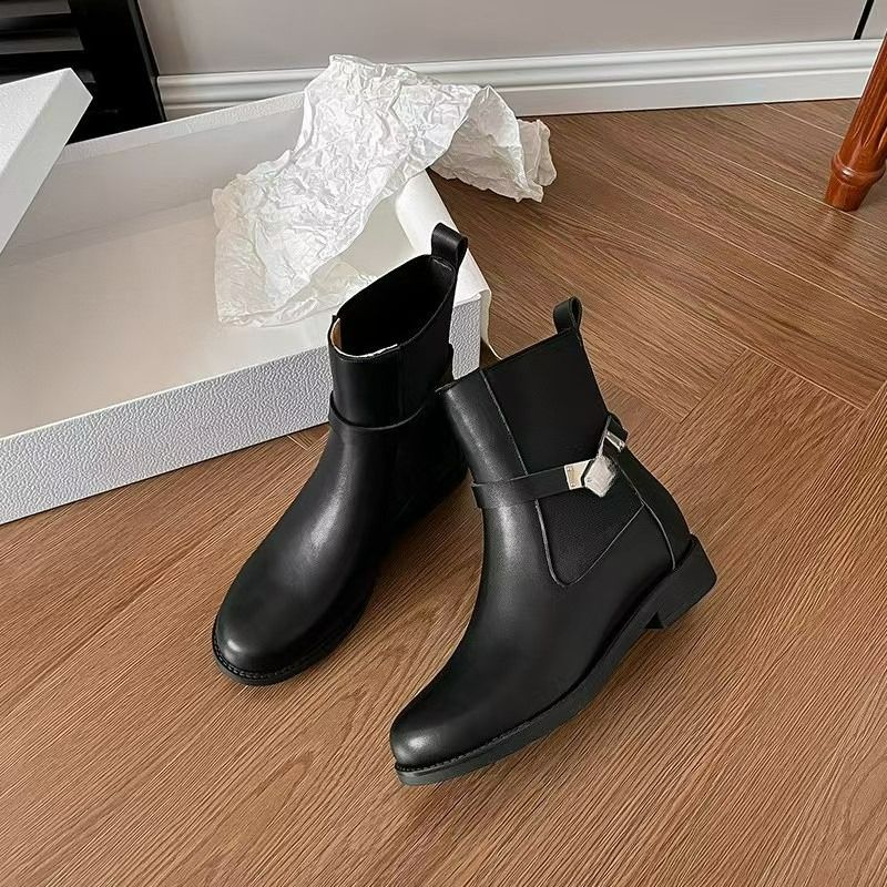 Spot 2025 Autumn And Winter New Inner Height Increase Thick Heel Martin Boots Women's Belt Buckle Black Round Head Lock Chelsea Short_vogvips.com