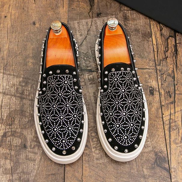 European Station Fashion Men's Shoes New Leather Casual Loafer Shoes Trendy Rivet Crystal Diamond Men's Shoes With Low Top Casual Shoes_vogvips.com