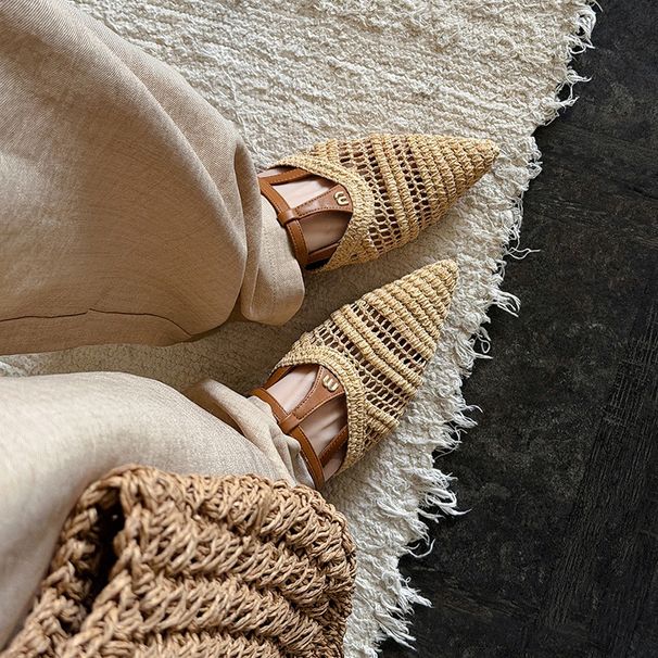 Exquisite Craftsmanship! Women's Straw Mule Sandals With Low Heel, Half-covered Design, 2026 Summer New Product, Pointed_vogvips.com