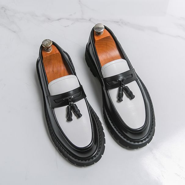 Men's British Fashion Black And White Color-blocking Tassel Thick-soled Heightened With One Foot, Korean Casual Round-toe Business Men's Shoes_vogvips.com
