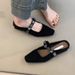 Sheepskin Version Temperament Half Slippers For Women With Rhinestones, One Strap Versatile Square Toe Low Heeled Single Shoes_vogvips.com