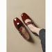 Spring And Autumn Red Single Square-Toed, One-Strap Flat Shoes, Unique Design, Glossy Commuting Women's Shoes_vogvips.com
