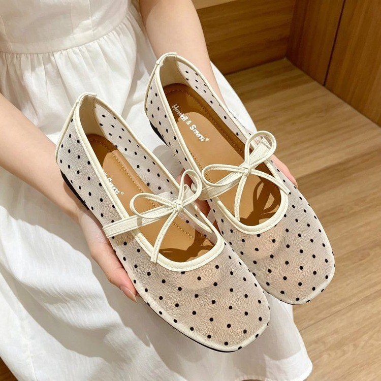 Net Mesh Bow Ballet Shoes, Mary Jane Style, 2026 New French Square-toe Single Shoes_vogvips.com