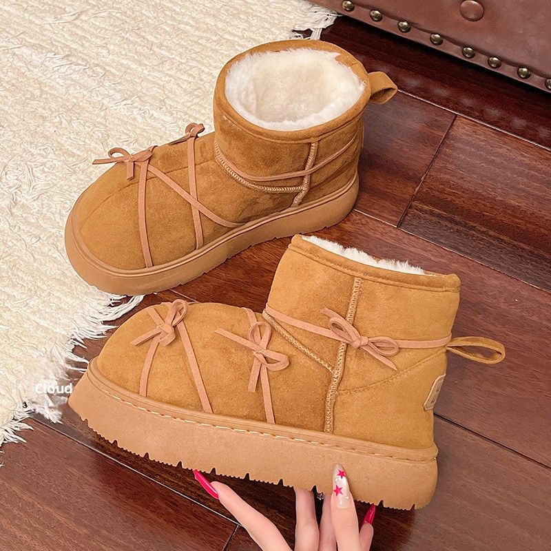 2025 Winter New Slip-On Warm Furry With Bowknot Short Tube Thickened Sole Snow Boots For Women_vogvips.com