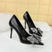 3391-H21 European And American Style Stiletto Stone Pattern Patent Leather Shallow Pointed Toe Rhinestone Bowknot Single_vogvips.com