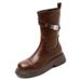Chunky Sole Leather Brown Boots Women's Retro Martin Boots With Side Zipper Comfortable Mid-Calf Boots For Winter Spring Fall_vogvips.com
