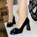 Korean version of square head waterproof platform high heels suede bow decoration women's shoes shallow mouth high heel shoes_vogvips.com