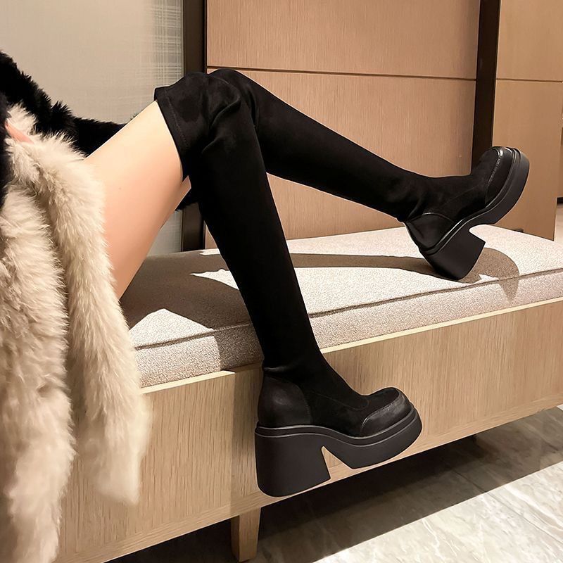 【Shipment】Over-the-Knee For Women Slimming Plus Size Thick Sole Long Heel High Tube Elastic Slim Boots_vogvips.com