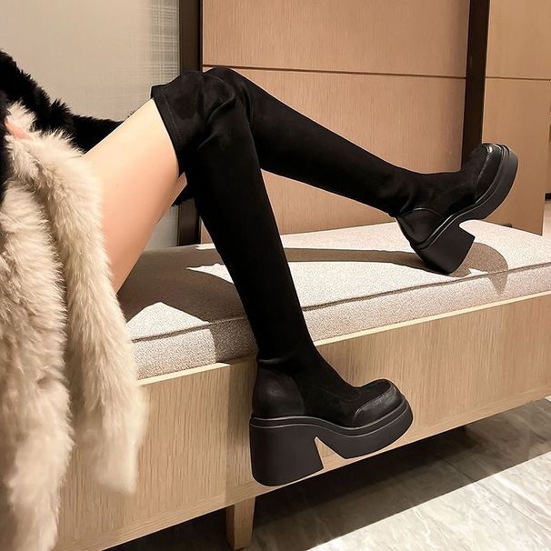 【Shipment】Over-the-Knee For Women Slimming Plus Size Thick Sole Long Heel High Tube Elastic Slim Boots_vogvips.com