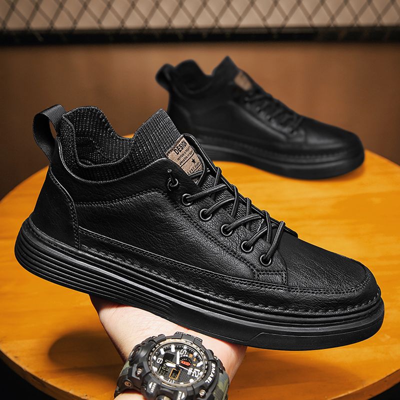 European Warm Series Cotton Winter Safety Fleece Lined Warm Sports Flat Men's Casual Leather Black Work Trendy Shoes_vogvips.com