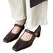 2025 Pleated Square Toe Thick Heeled Mary Jane Shoes, French One-piece Belt With Light Mouth Brown High Heels, Versatile_vogvips.com