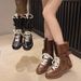 Western Cowgirl Boots For Women – Vintage Matte PU Leather Lace-Up Ankle Boots (Chunky Heel, Comfortable Cotton Lining, Black/Brown)_vogvips.com