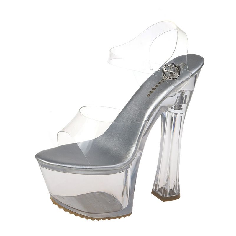 New Crystal Clear Buckle Chunky Heel Ultra High Heel Professional Sandals Fashion Wedding Women's Casual Single Shoes_vogvips.com