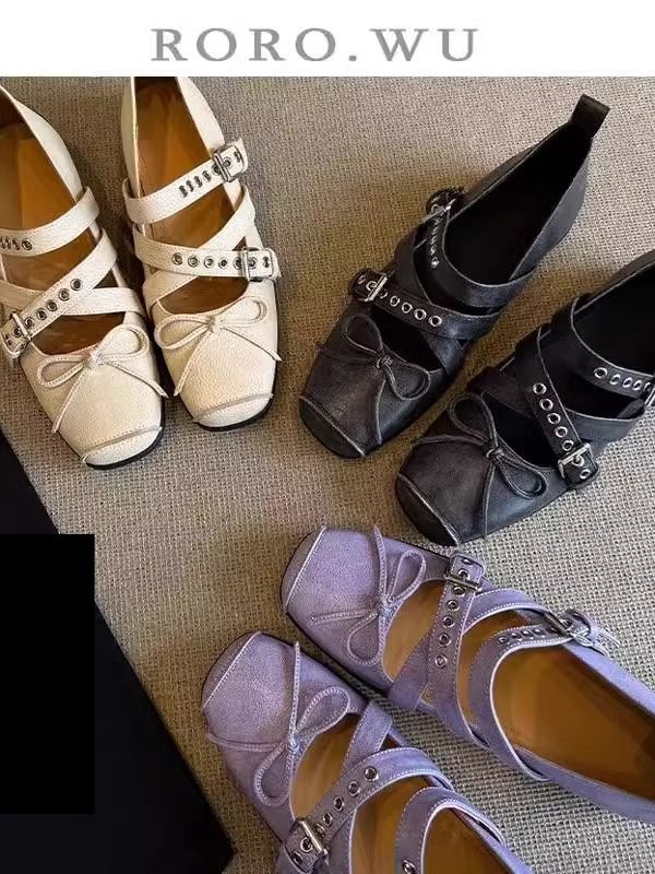 Sheepskin Version Square Head Bow Sports Ballet Shoes Cross Buckle Shallow Mouth Genuine Leather Retro Mary Jane Shoes_vogvips.com