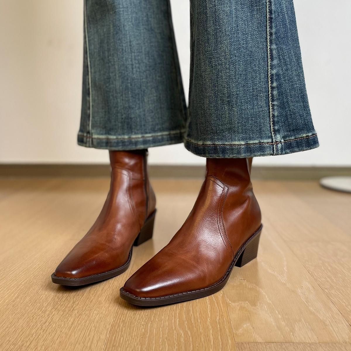 Pointed Toe Women Ankle Boots Fashion Thick Heel Slimming Short Booties Autumn Winter Soft Leather Female Shoes_vogvips.com