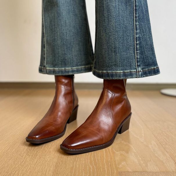 Pointed Toe Women Ankle Boots Fashion Thick Heel Slimming Short Booties Autumn Winter Soft Leather Female Shoes_vogvips.com