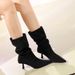 2738-3 Medela Mid-Calf Stretch Ruched Slouch Versatile Pointed Toe Stiletto Heel Short Slim Boots For Women_vogvips.com