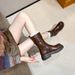 Chunky Sole Leather Brown Boots Women's Retro Martin Boots With Side Zipper Comfortable Mid-Calf Boots For Winter Spring Fall_vogvips.com