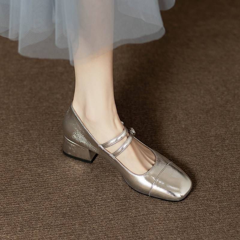 NEW Retro And Versatile Silver Mary Jane Shoes For Women's Spring And Autumn, With Thick Heels And A Shallow Mouth_vogvips.com