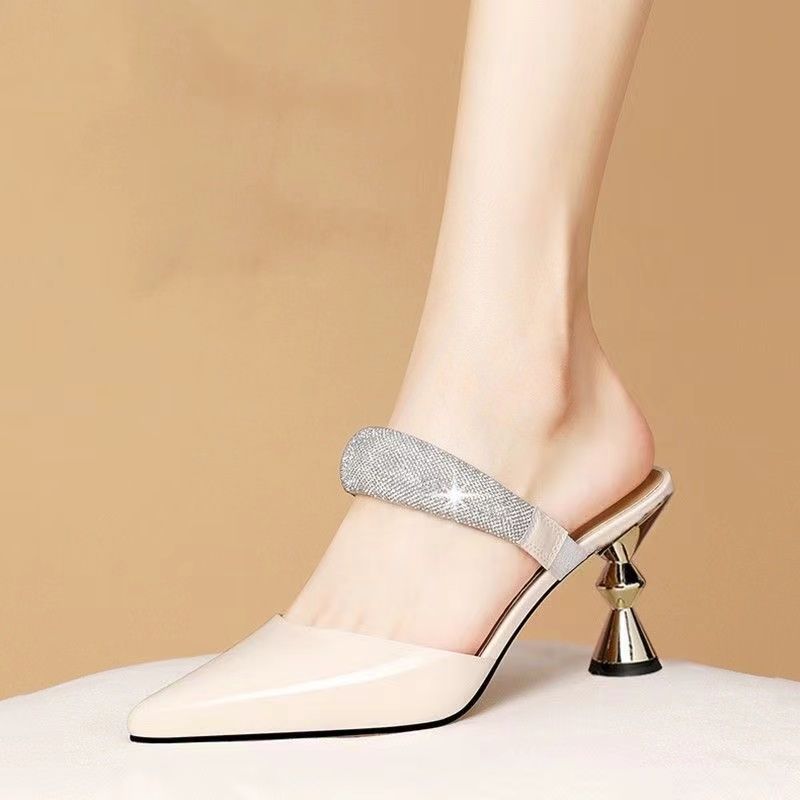 Soft Rhinestone Toe Cap Half Summer 2025 New Style French Slim Heel High-heeled Patent Leather Women's Slippers For_vogvips.com