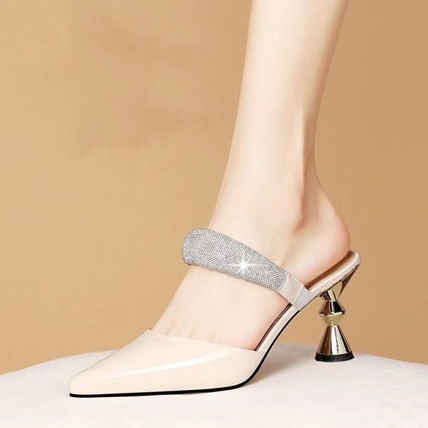 Soft Rhinestone Toe Cap Half Summer 2025 New Style French Slim Heel High-heeled Patent Leather Women's Slippers For_vogvips.com