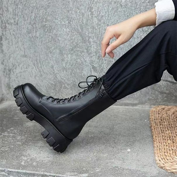 British Style High-Top 2025 Spring And Autumn Thick Sole 35-43 Large Size Shoes Western Women's Mid-Calf Short Boots_vogvips.com